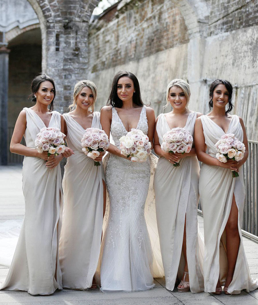 Full Length Luxe Chiffon Long Champagne bridesmaid dresses Toowoomba with Sexy High Slit and Front Ruffles