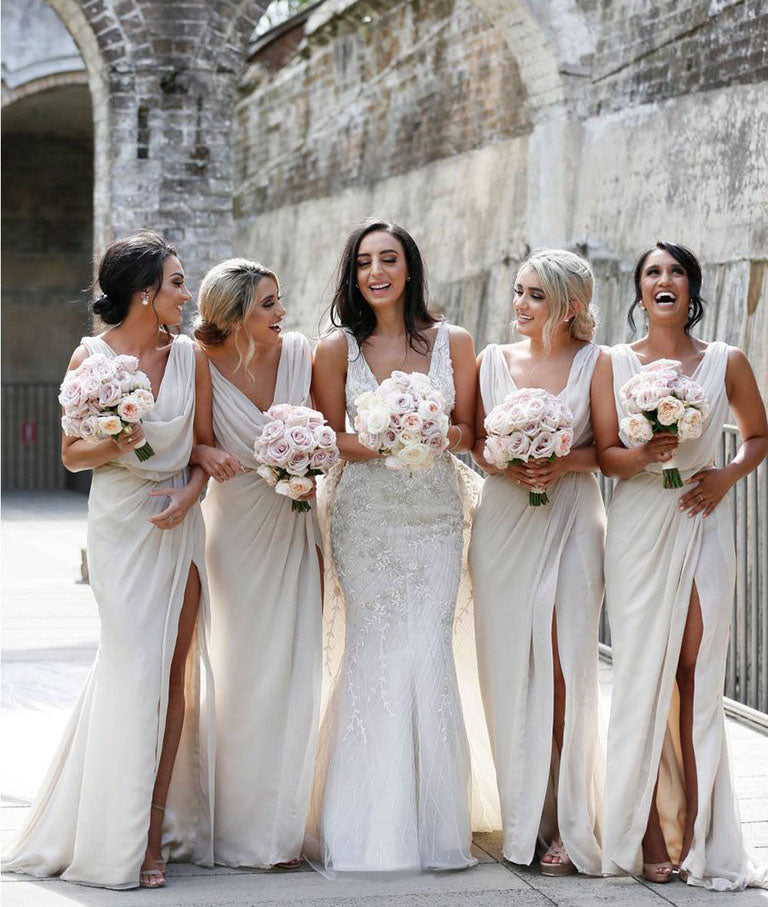 Full Length Luxe Chiffon Long Champagne bridesmaid dresses Toowoomba with Sexy High Slit and Front Ruffles