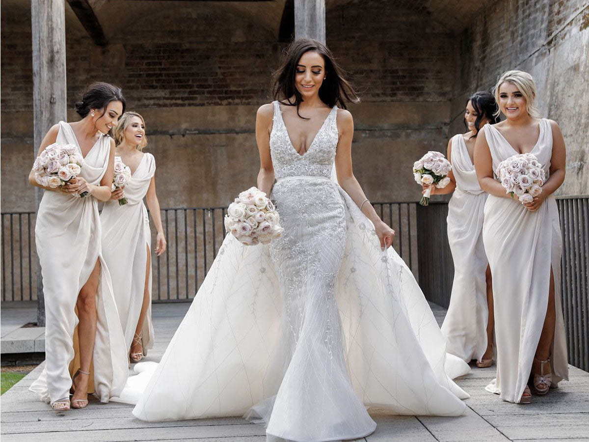 Full Length Luxe Chiffon Long Champagne bridesmaid dresses Toowoomba with Sexy High Slit and Front Ruffles