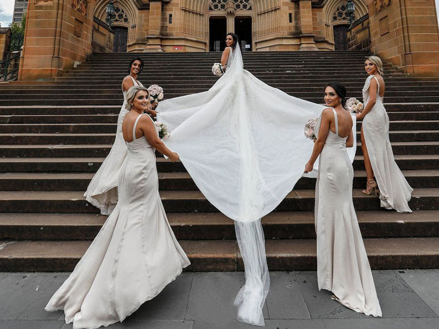 Full Length Luxe Chiffon Long Champagne bridesmaid dresses Toowoomba with Sexy High Slit and Front Ruffles