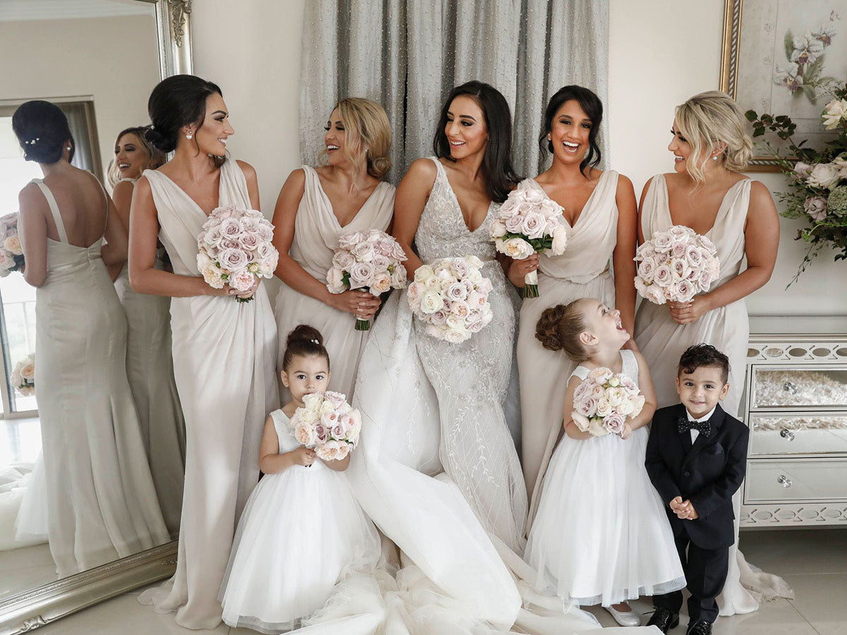 Full Length Luxe Chiffon Long Champagne bridesmaid dresses Toowoomba with Sexy High Slit and Front Ruffles