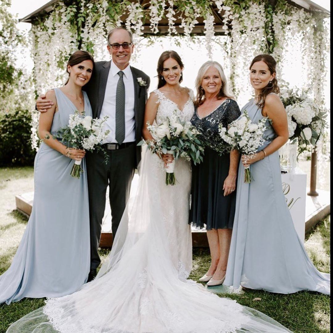 Dusty Blue Full Length Luxe Chiffon Long Champagne bridesmaid dresses Toowoomba with Sexy High Slit and Front Ruffles